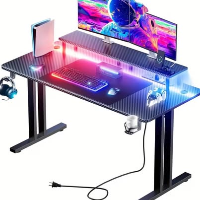 LED Gaming Desk w/ Power Strip (5 Sockets) Monitor Stand, Cup Holder & Hook