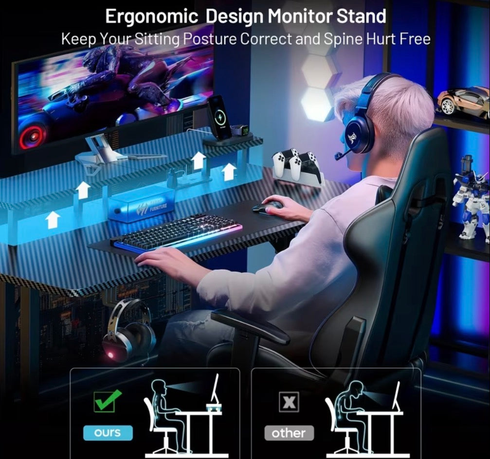 GTRACING 55" RGB Gaming Desk with Monitor Stand & Power Outlet
