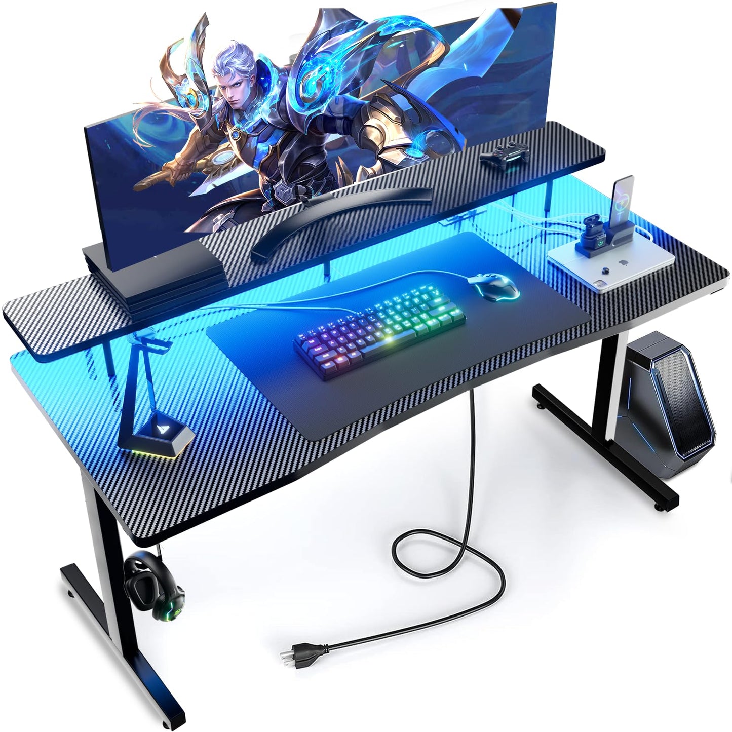 GTRACING 55" RGB Gaming Desk with Monitor Stand & Power Outlet