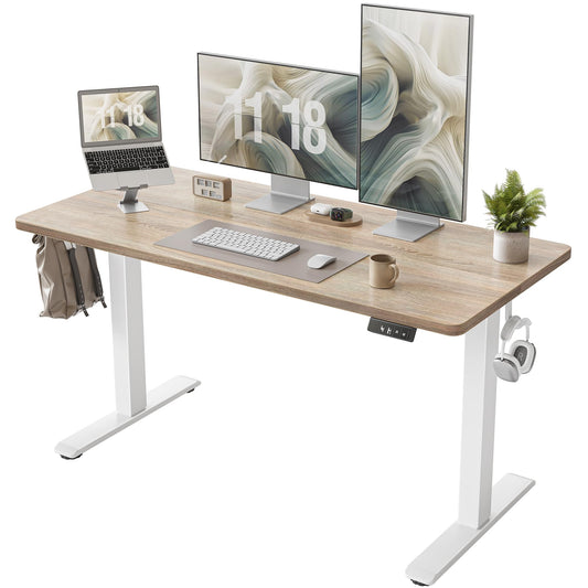 TIQLAB Electric Standing Desk — 55"x24", White/Maple